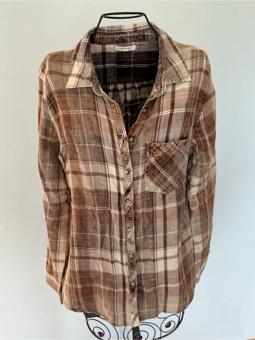 Maurices Brown and Cream Plaid Vintage Wash Button-Down Shirt
